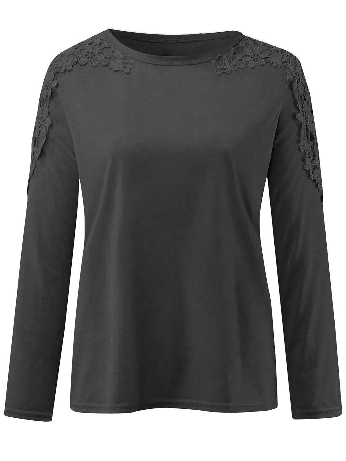 Front view of black cutout round neck long sleeve t-shirt