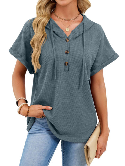 Casual Waffle Knit Button Detail Hooded Top
