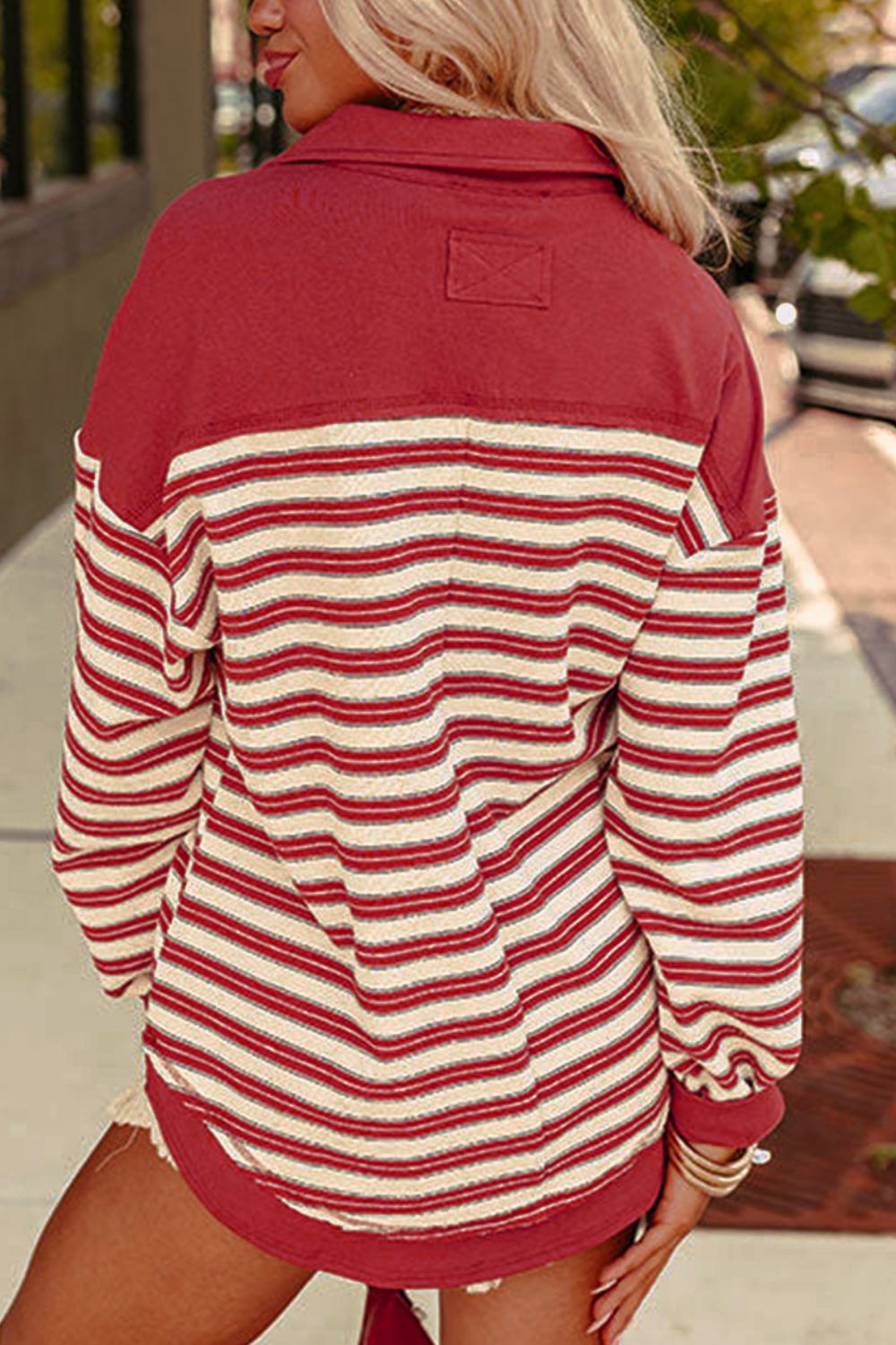 Stripe Johnny Collar Drop Shoulder Sweatshirt