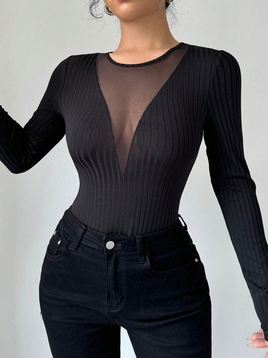 Mesh Detail Round Neck Long Sleeve Top