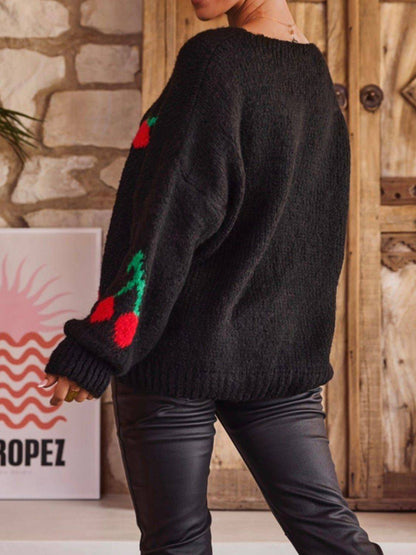 Tied Cherry Round Neck Long Sleeve Cardigan