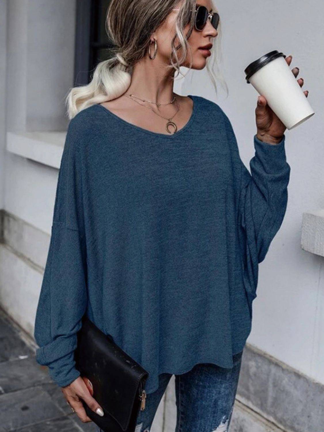 Blue drop shoulder long sleeve T-shirt, front view