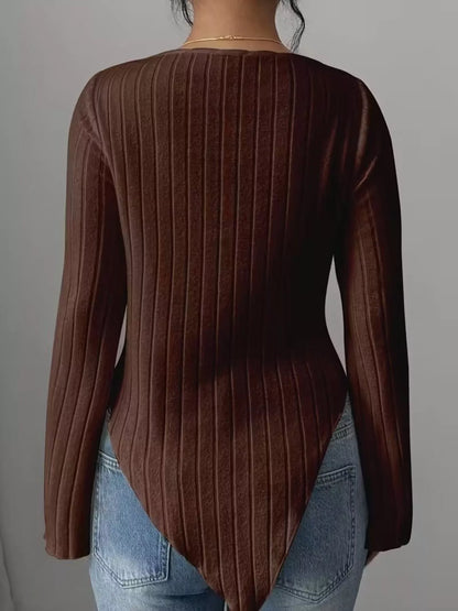 Cowl Neck Ribbed Knit T-Shirt