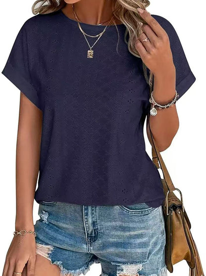 Eyelet Round Neck Short Sleeve Top