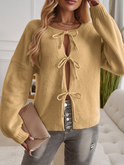 Devine Tied Round Neck Dropped Shoulder Cardigan