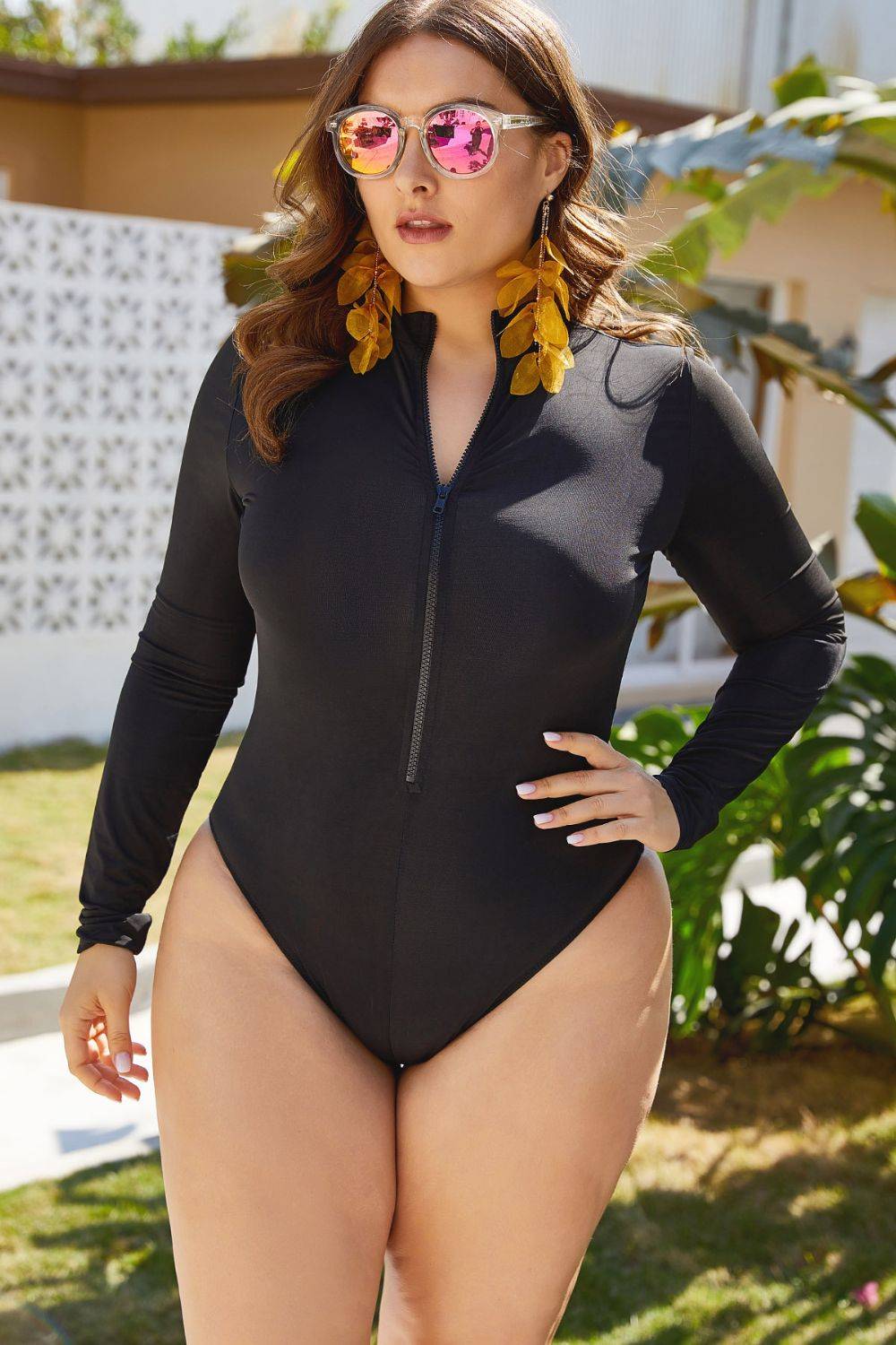 Black zip up long sleeve one-piece swimsuit front view