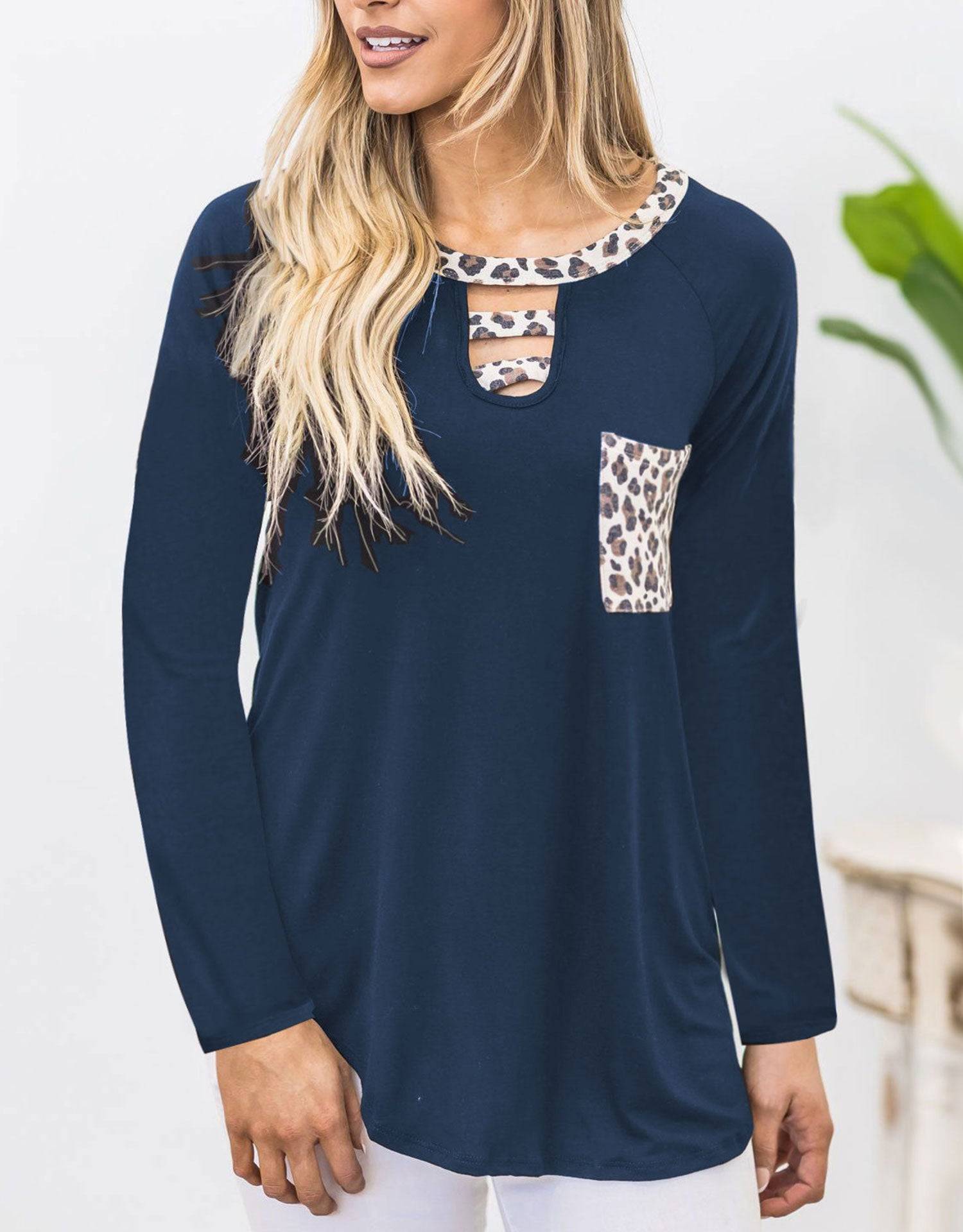 Navy leopard print pocket long sleeve t-shirt