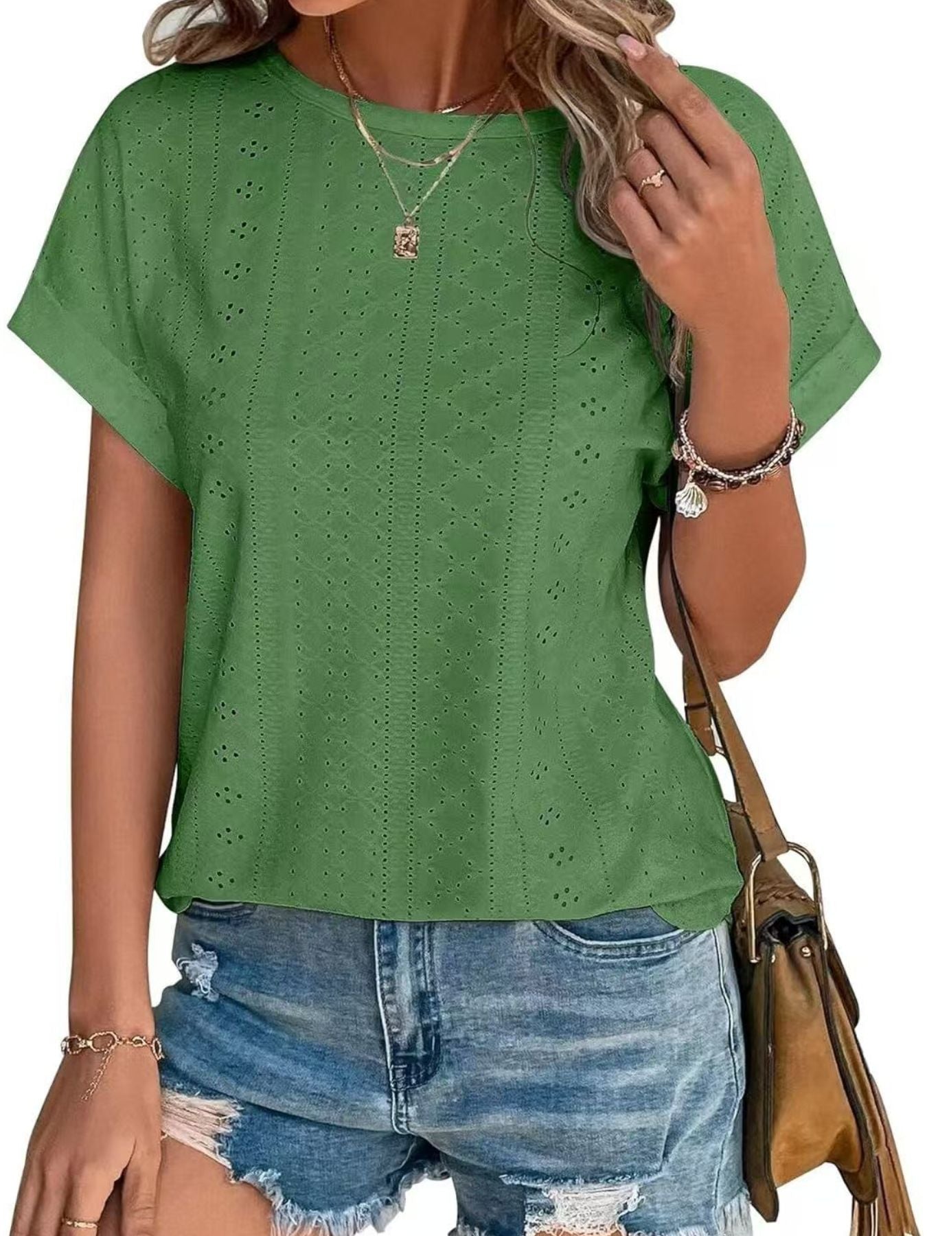 Eyelet Round Neck Short Sleeve Top