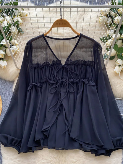 Ruffle Tie-Front Chiffon Blouse