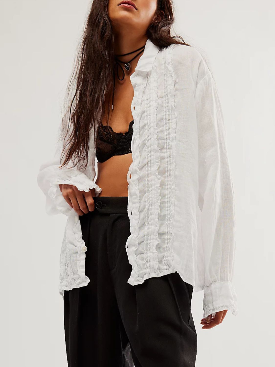 Frill Ruched Collared Neck Long Sleeve Shirt