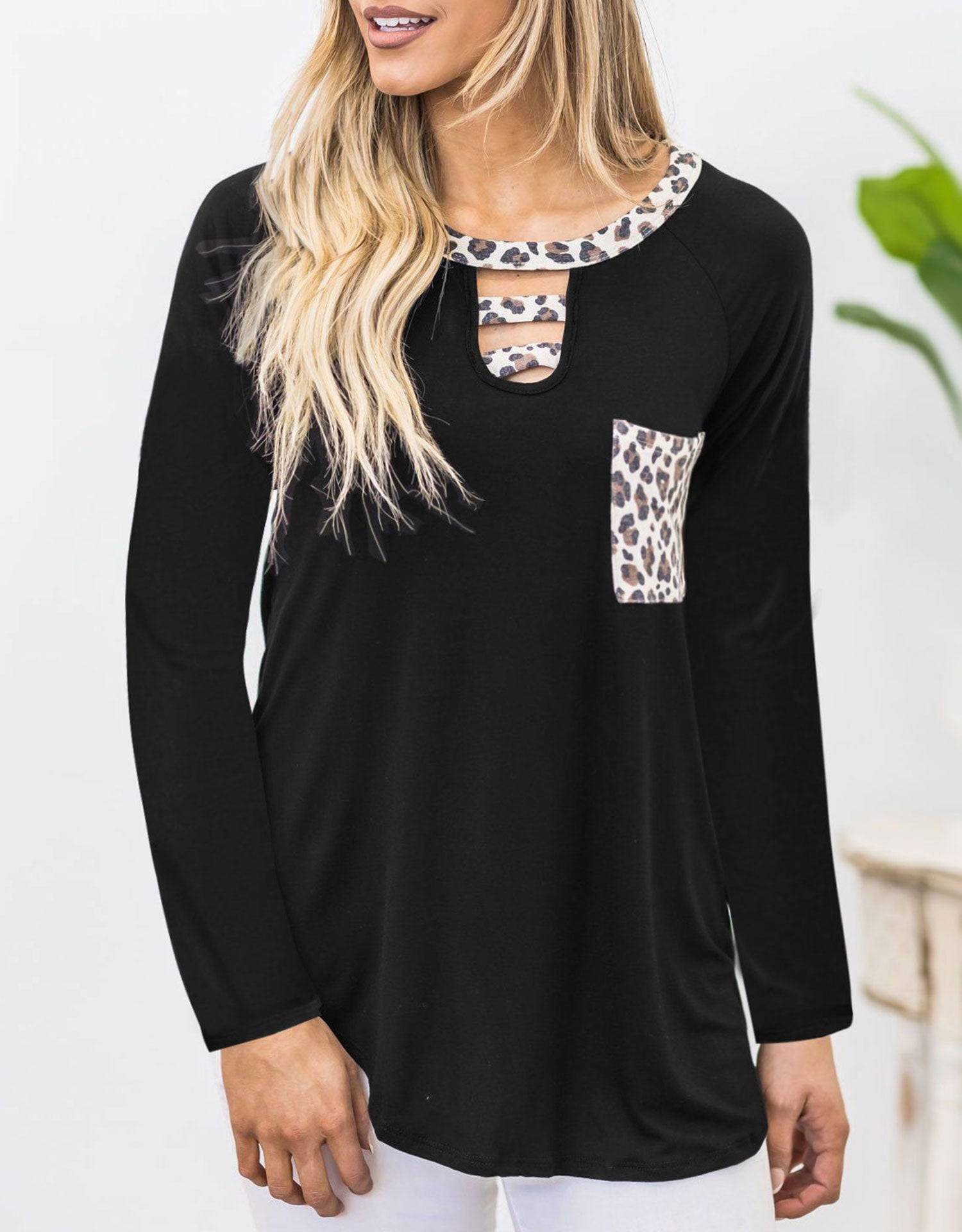 Black cutout leopard round neck long sleeve t-shirt