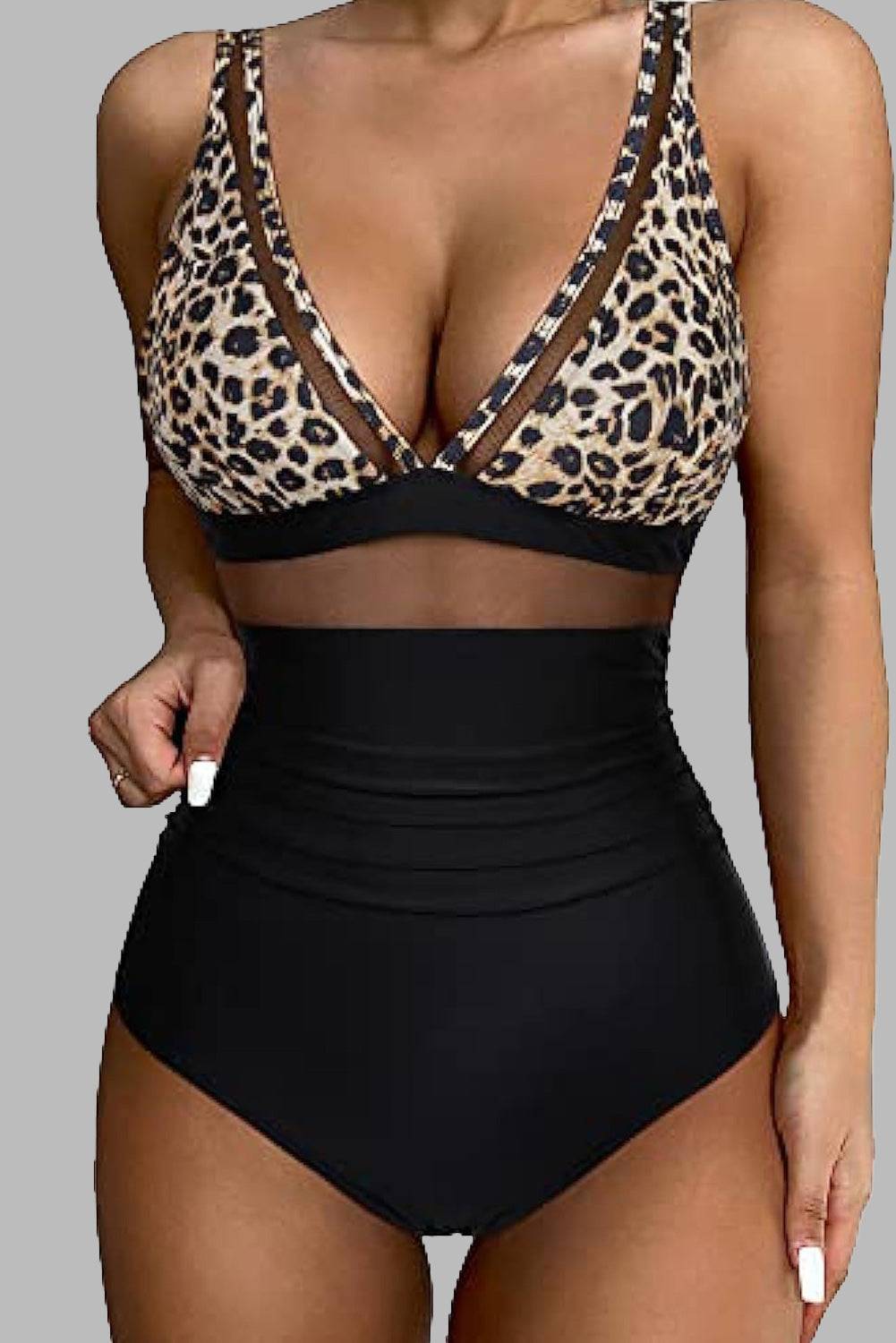 Leopard V-Neck Wide Strap One-Piece Swimwear front view