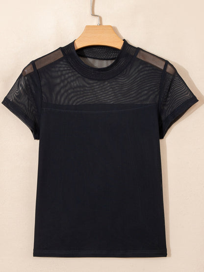 Sheer Mesh Patchwork Cap Sleeve T Shirt