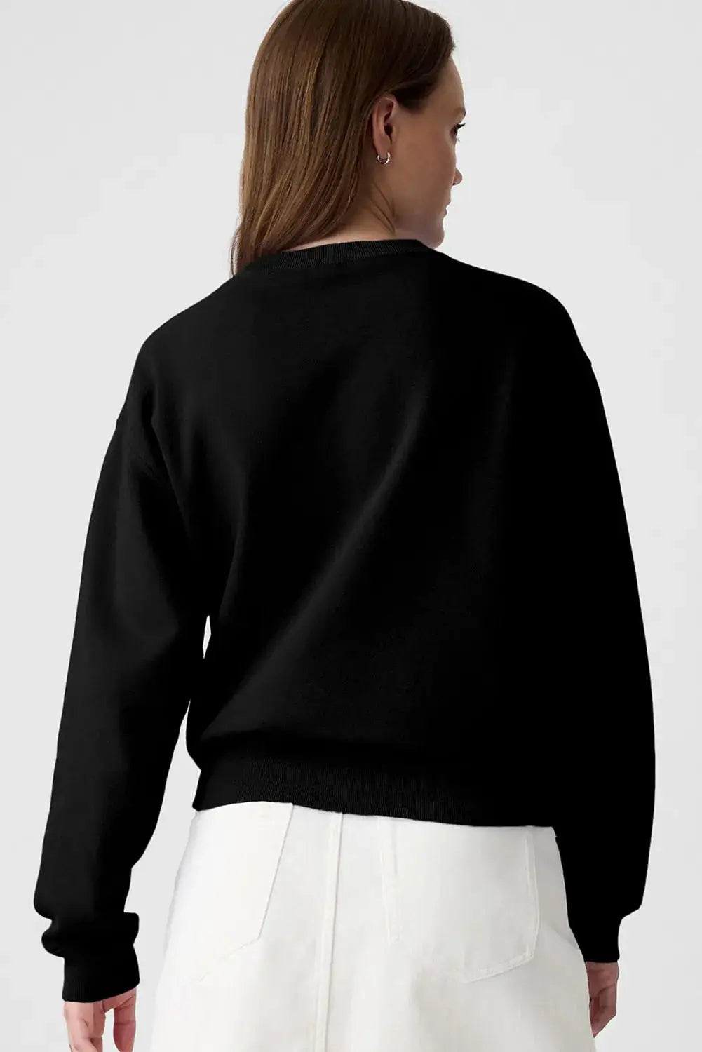 Back view of black round neck long sleeve sweatshirt