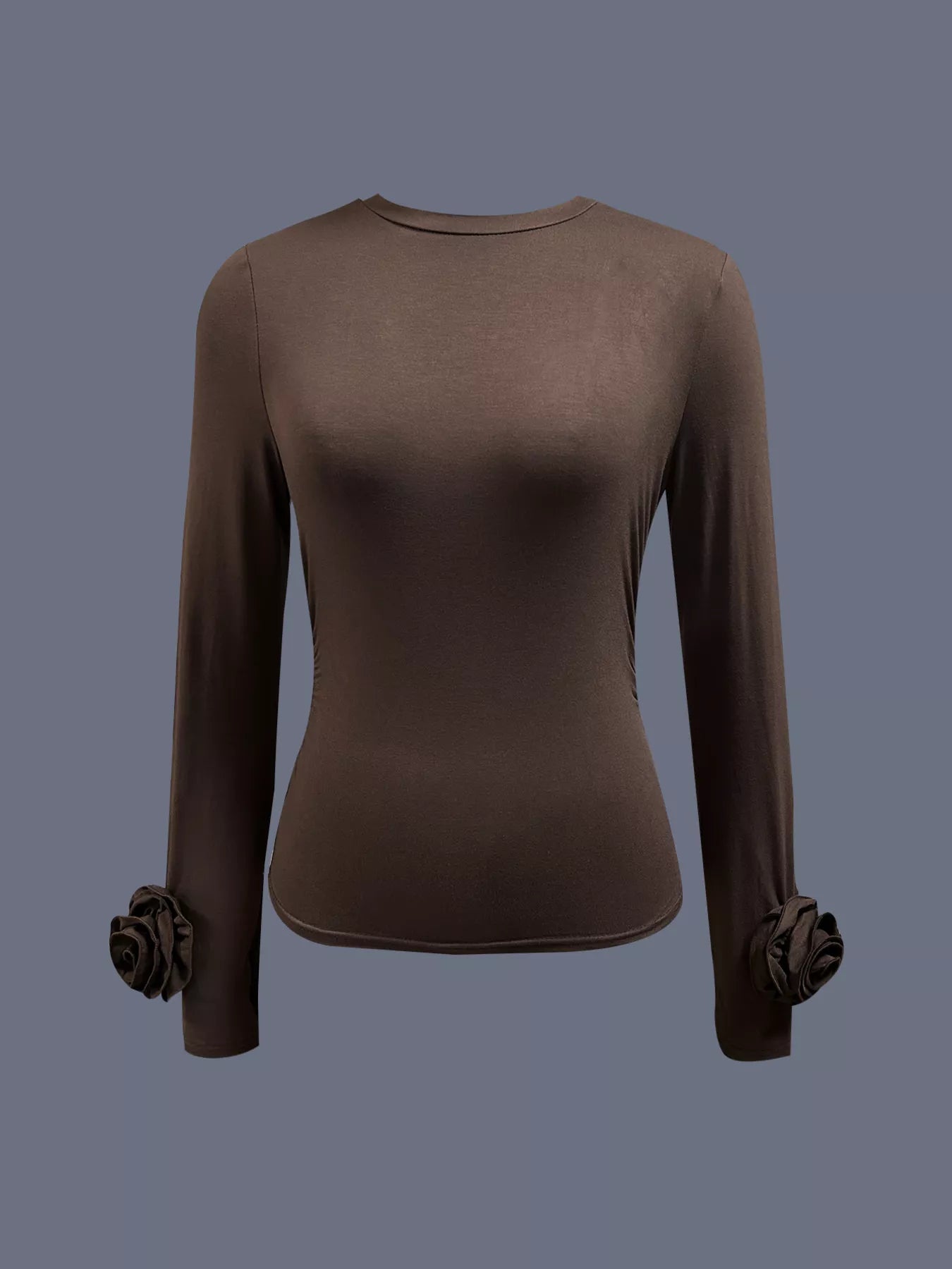 Ruched Long Sleeve T-Shirt with Floral Cuff Detail