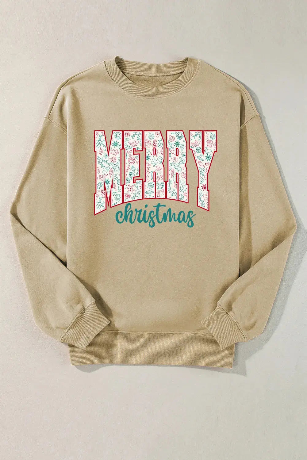 Flat lay of MERRY CHRISTMAS round neck sweatshirt