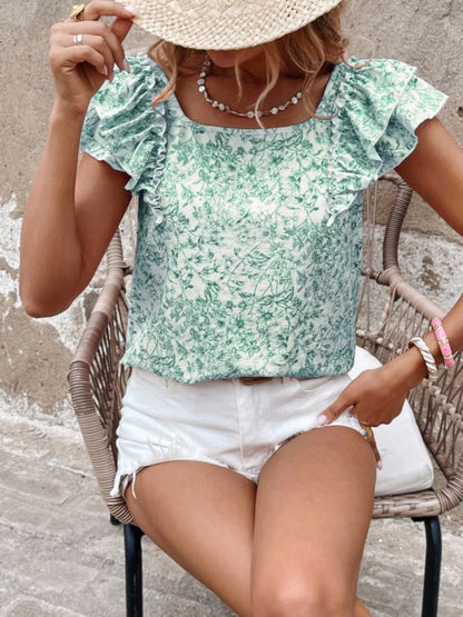 Floral Print Ruffle Trim Blouse