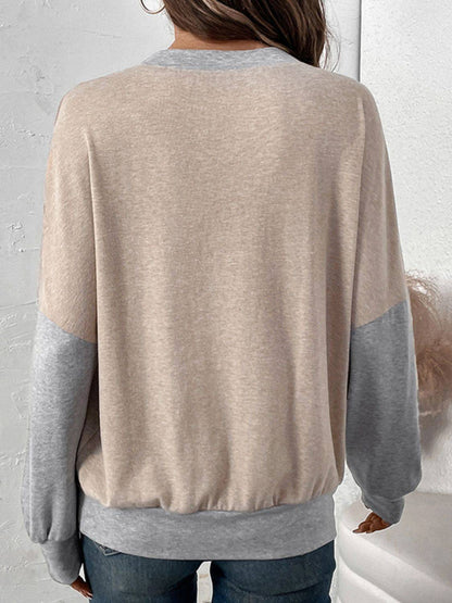 Perfee contrast round neck long sleeve T-shirt back view