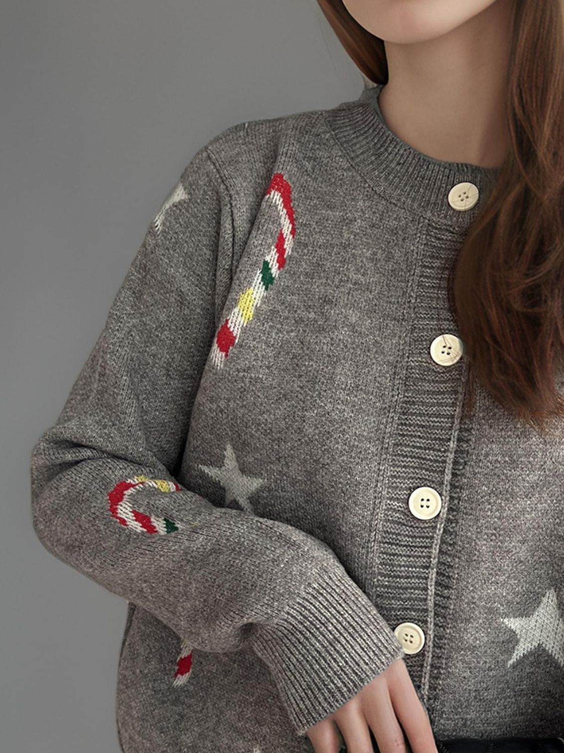 Candy Cane &amp; Star Button Down Long Sleeve Cardigan