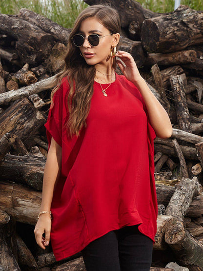 Red round neck short sleeve T-shirt, relaxed fit