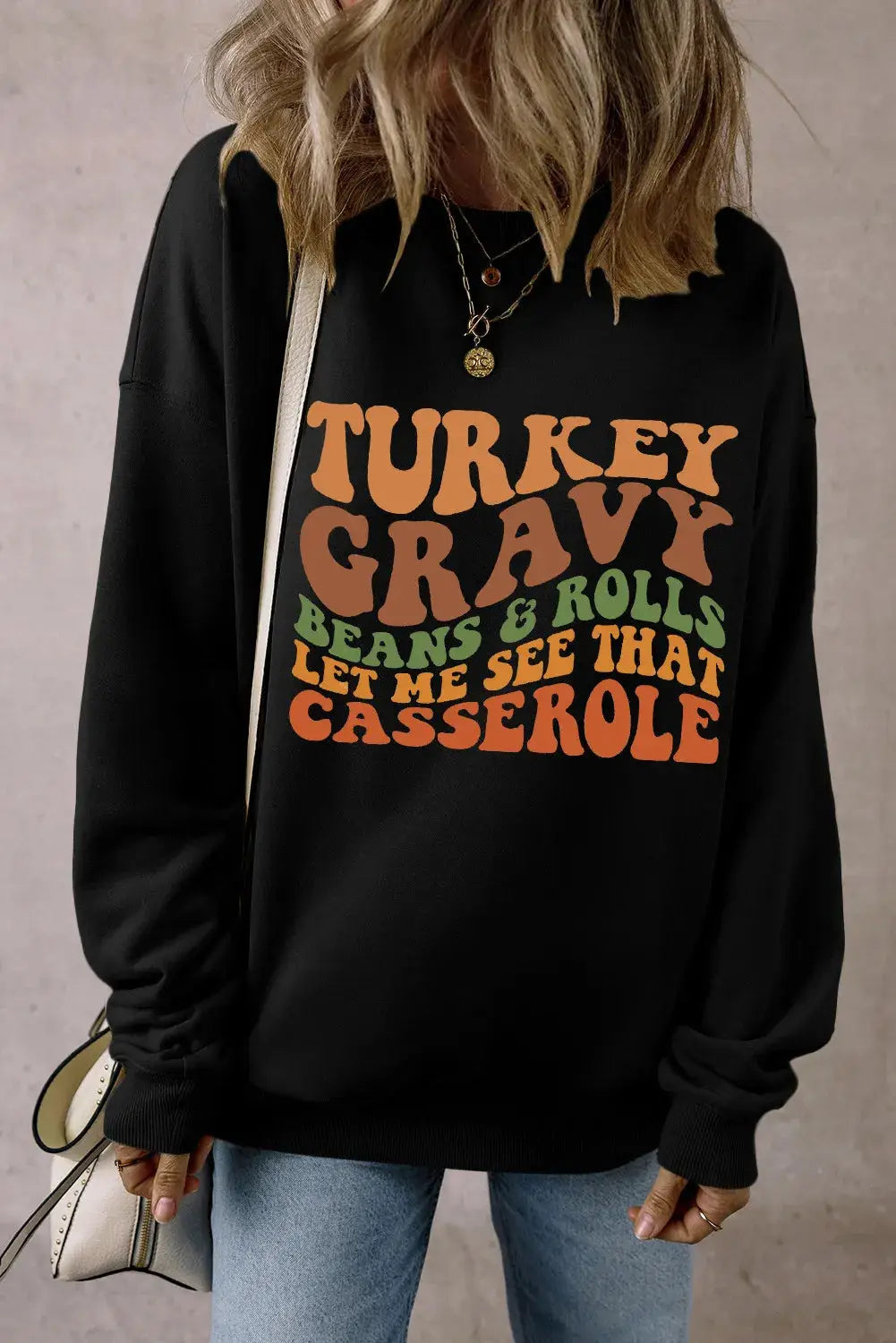 Black sweatshirt with Thanksgiving-themed text design