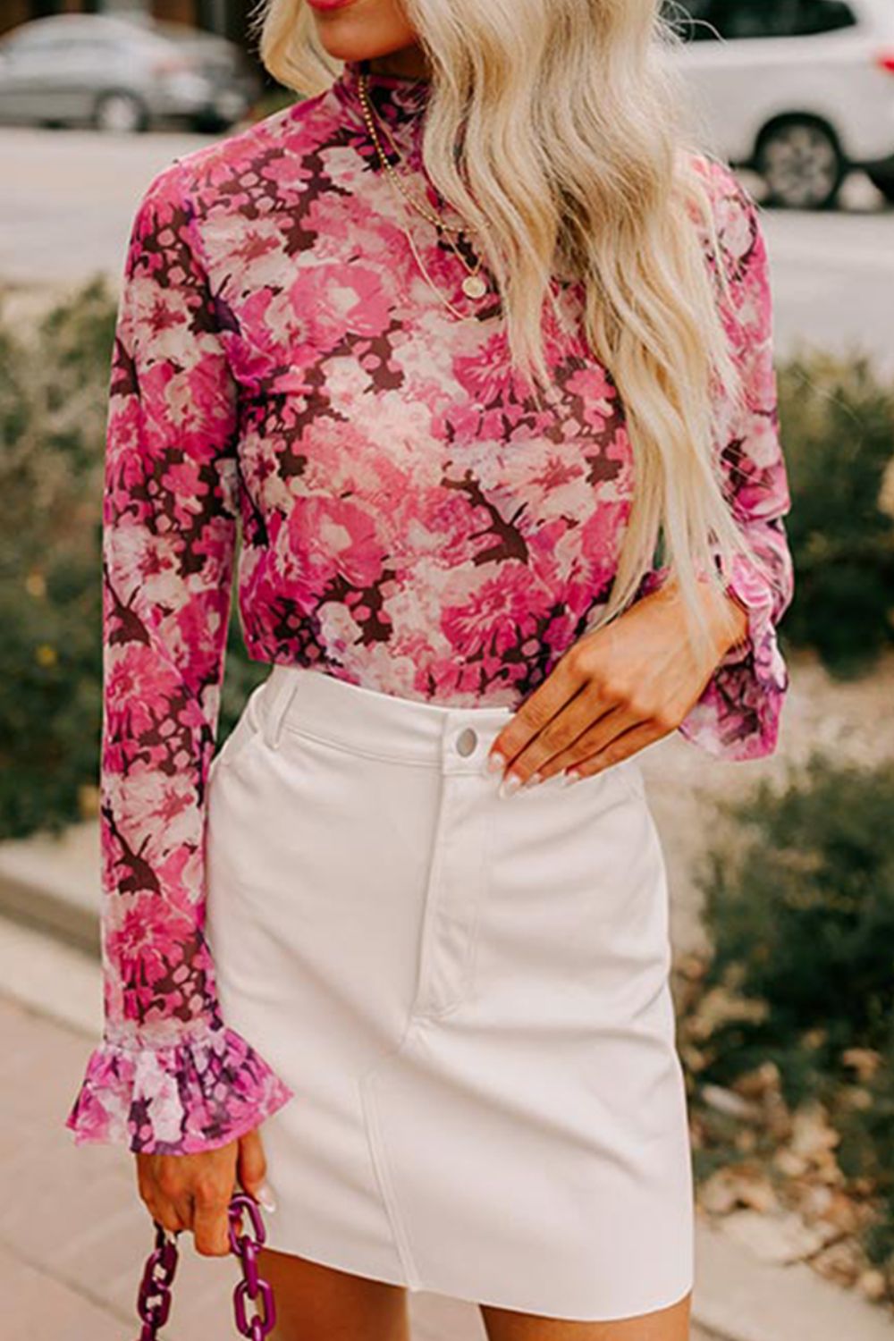 Floral Turtleneck Flounce Sleeve Blouse