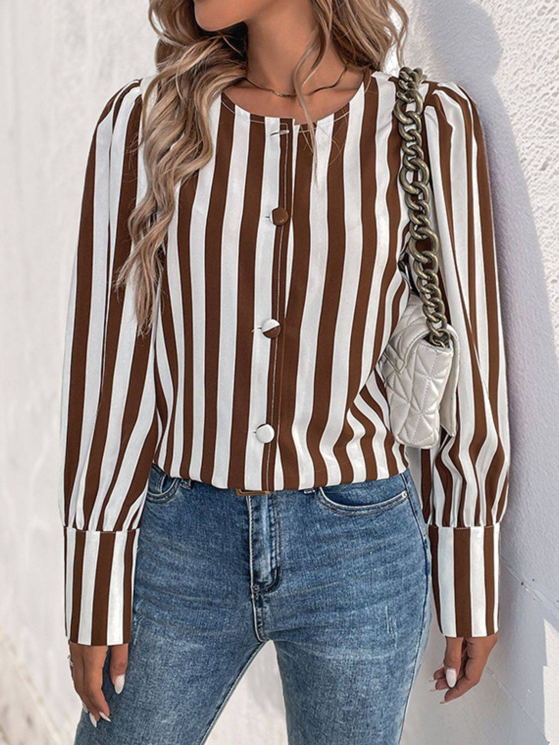 Perfee Striped Round Neck Long Sleeve Blouse