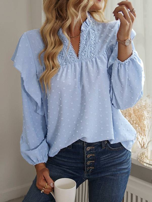 Light blue ruffled lantern sleeve lace panel shirt top