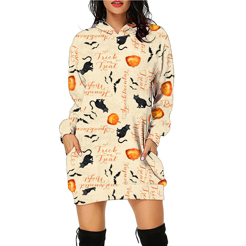 Halloween print mid-length pocket hooded long-sleeved sweatshirt