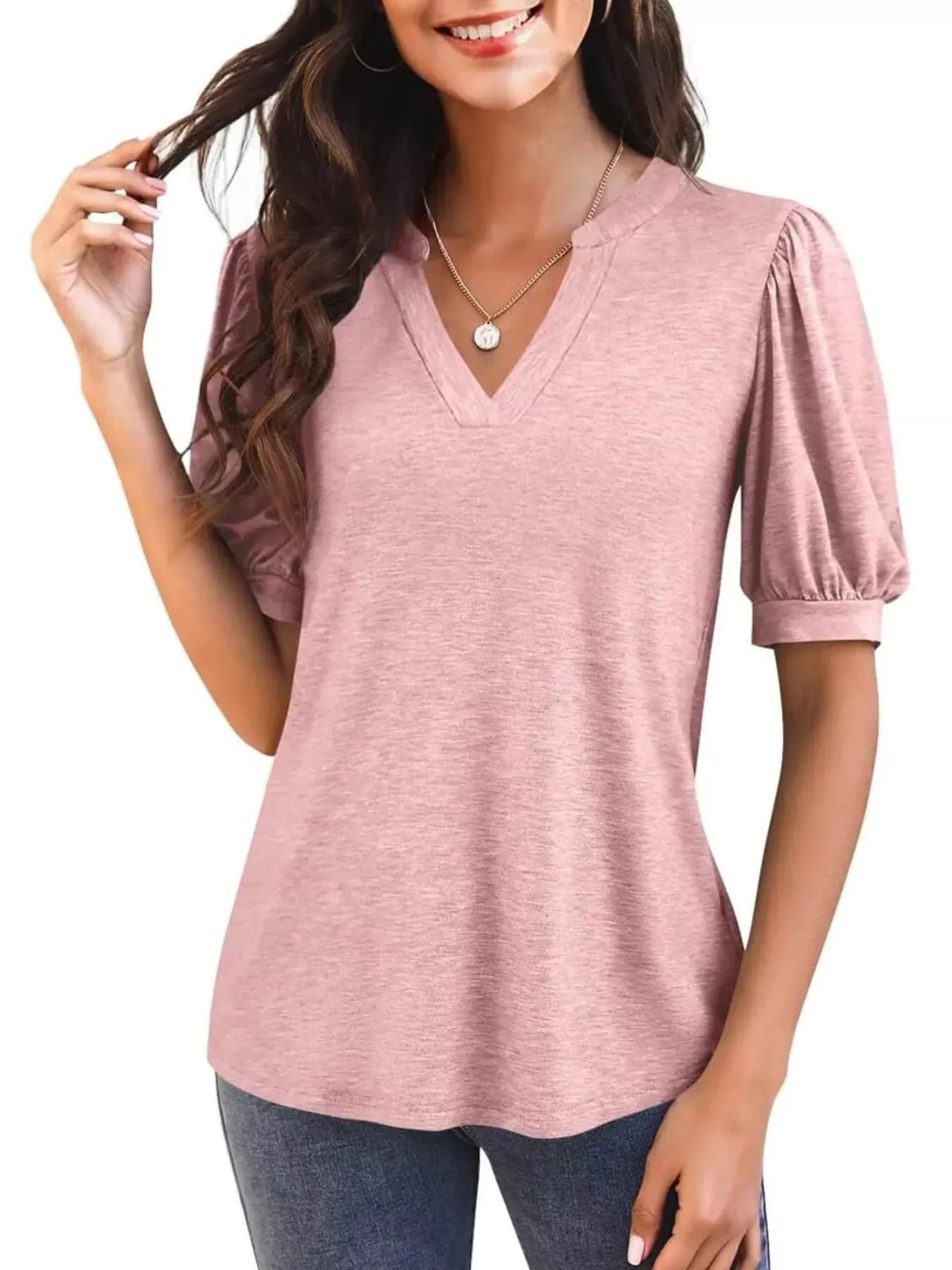 Puff Sleeve Notched Casual T-Shirt