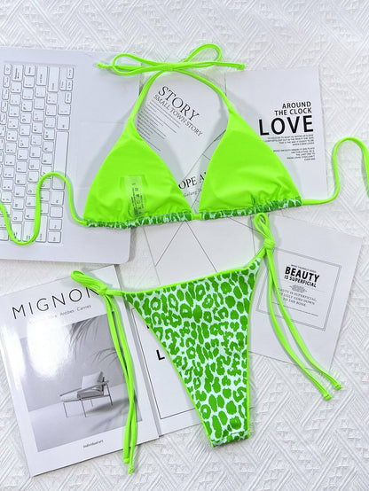 Green leopard print bikini set with tie sides