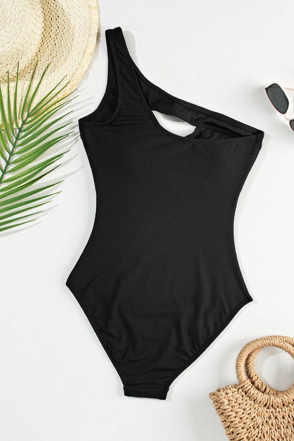 Black cutout one-piece swimsuit with accessories