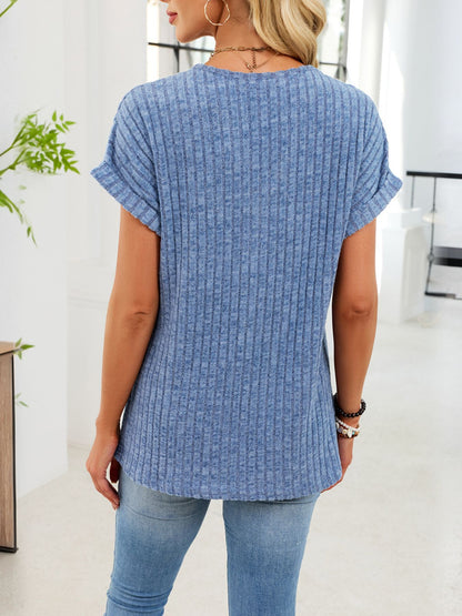 Ribbed Knit V-Neck T-Shirt