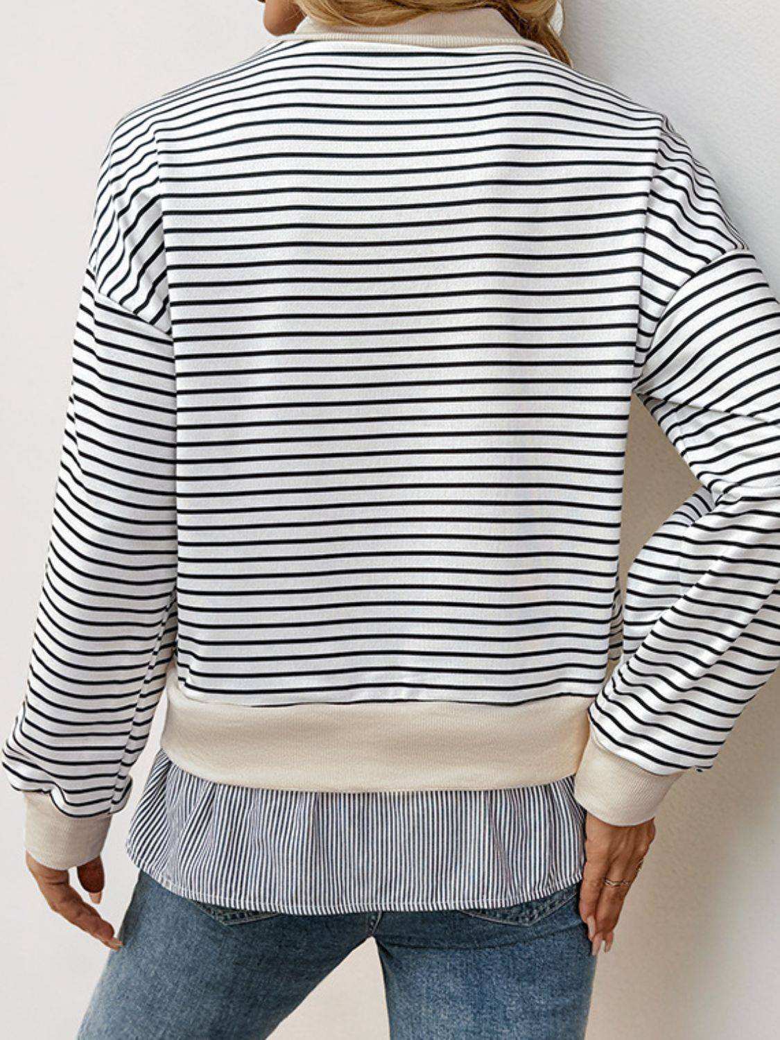 Perfee Faux Layered Striped Long Sleeve Sweatshirt