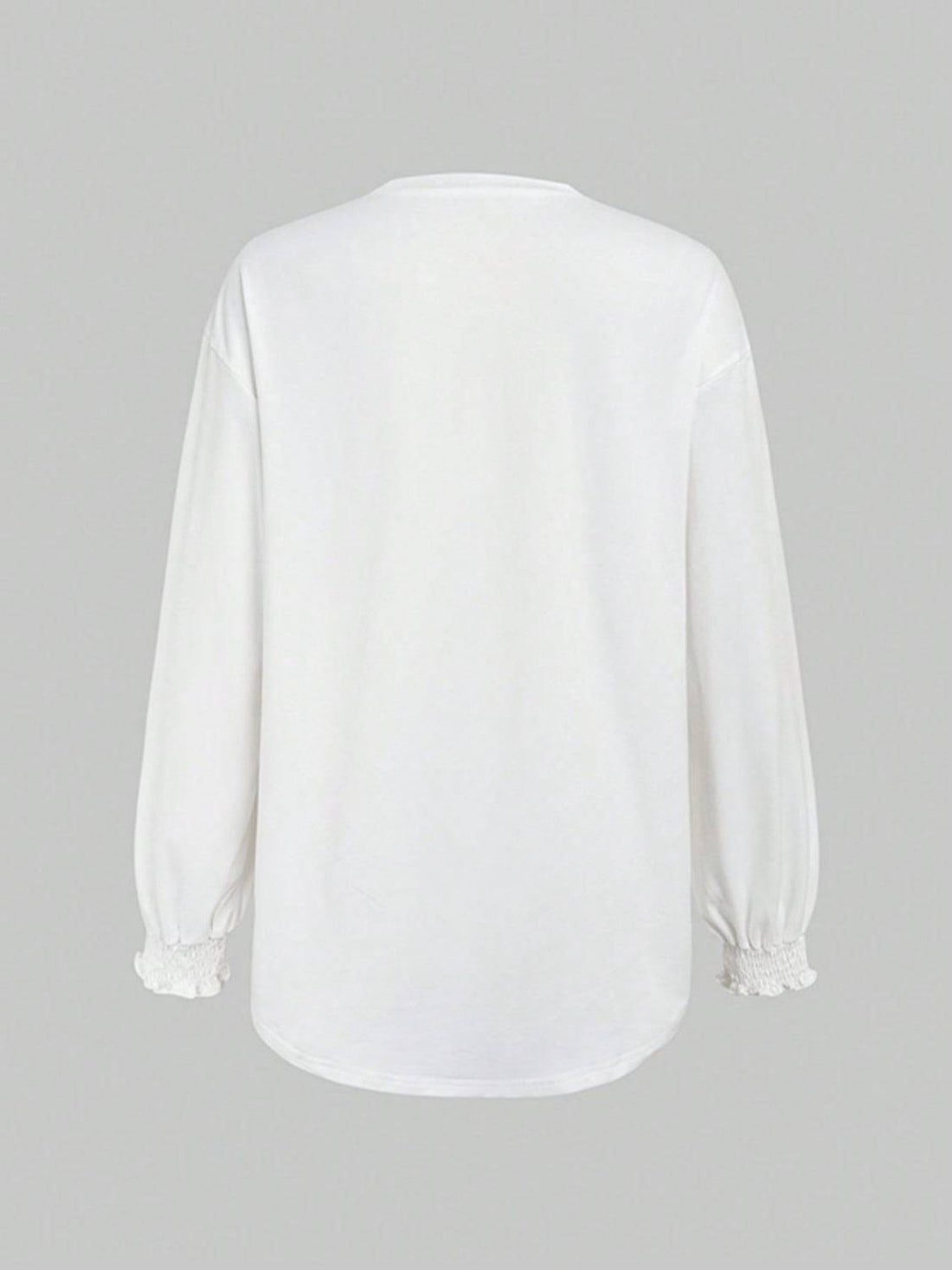 White smocked cuff round neck long sleeve t-shirt back view