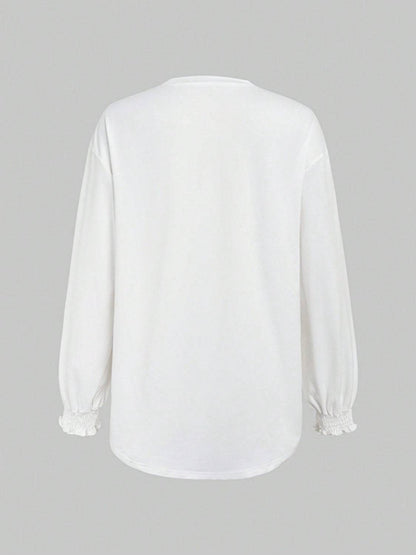 White smocked cuff round neck long sleeve t-shirt back view