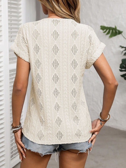 Openwork V-Neck Short Sleeve T-Shirt