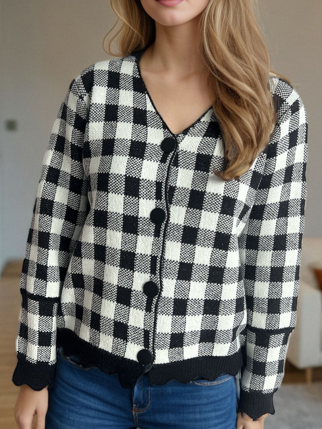 Plaid V-Neck Button Up Cardigan