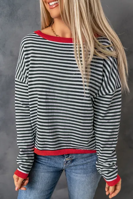 Striped Round Neck Drop Shoulder T-Shirt