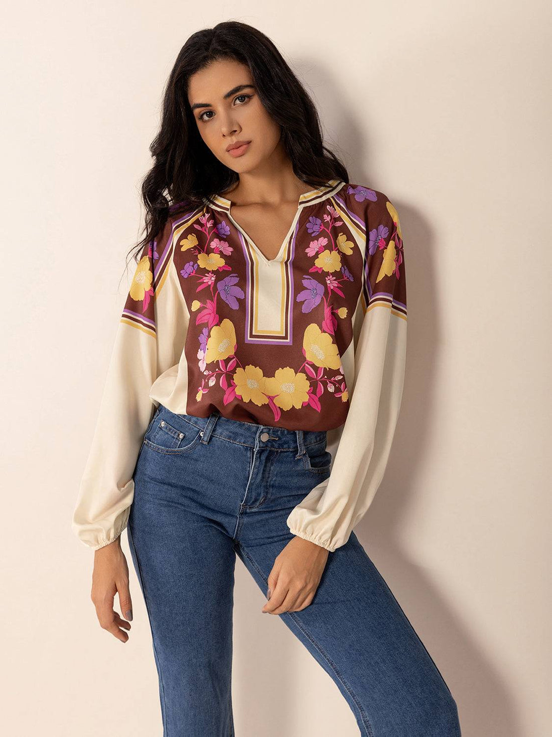 Floral printed notched long sleeve blouse front view