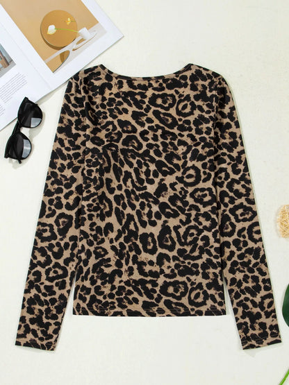 Leopard Print Square Neck Long Sleeve Top