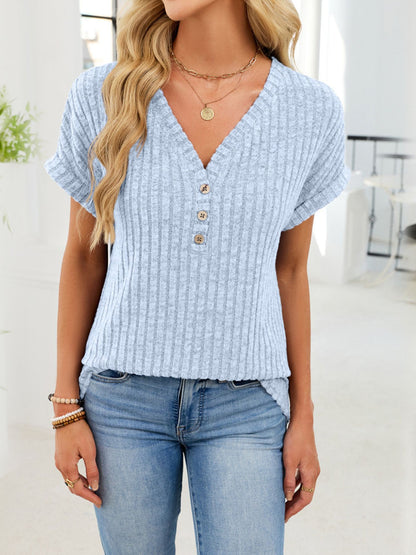 Ribbed Knit V-Neck T-Shirt