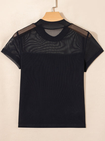 Sheer Mesh Patchwork Cap Sleeve T Shirt