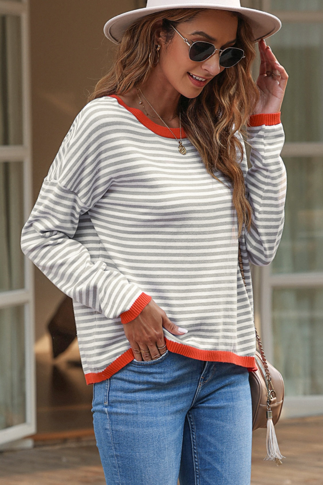 Striped Round Neck Drop Shoulder T-Shirt