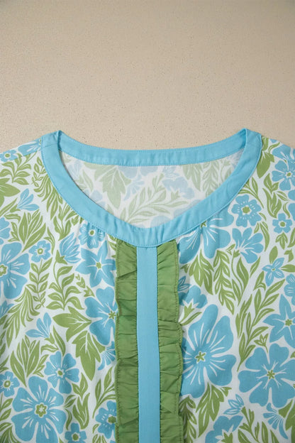 Floral Print Ruffled Color Block Trim Half Sleeve Blouse