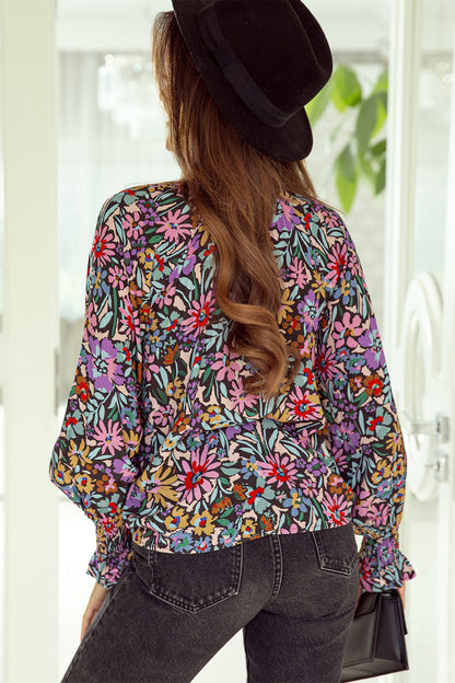 Floral Tie Neck Flounce Sleeve Blouse