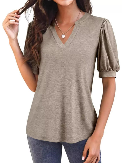 Puff Sleeve Notched Casual T-Shirt