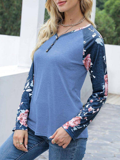 Blue floral long sleeve T-shirt, side view