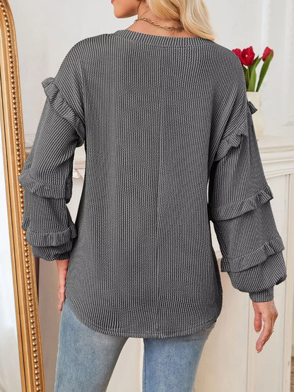 Ruffled Long Sleeve Knit T-Shirt