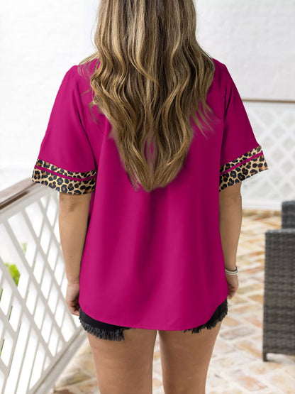 Leopard Patchwork Trim Split Neck Short Sleeve Blouse